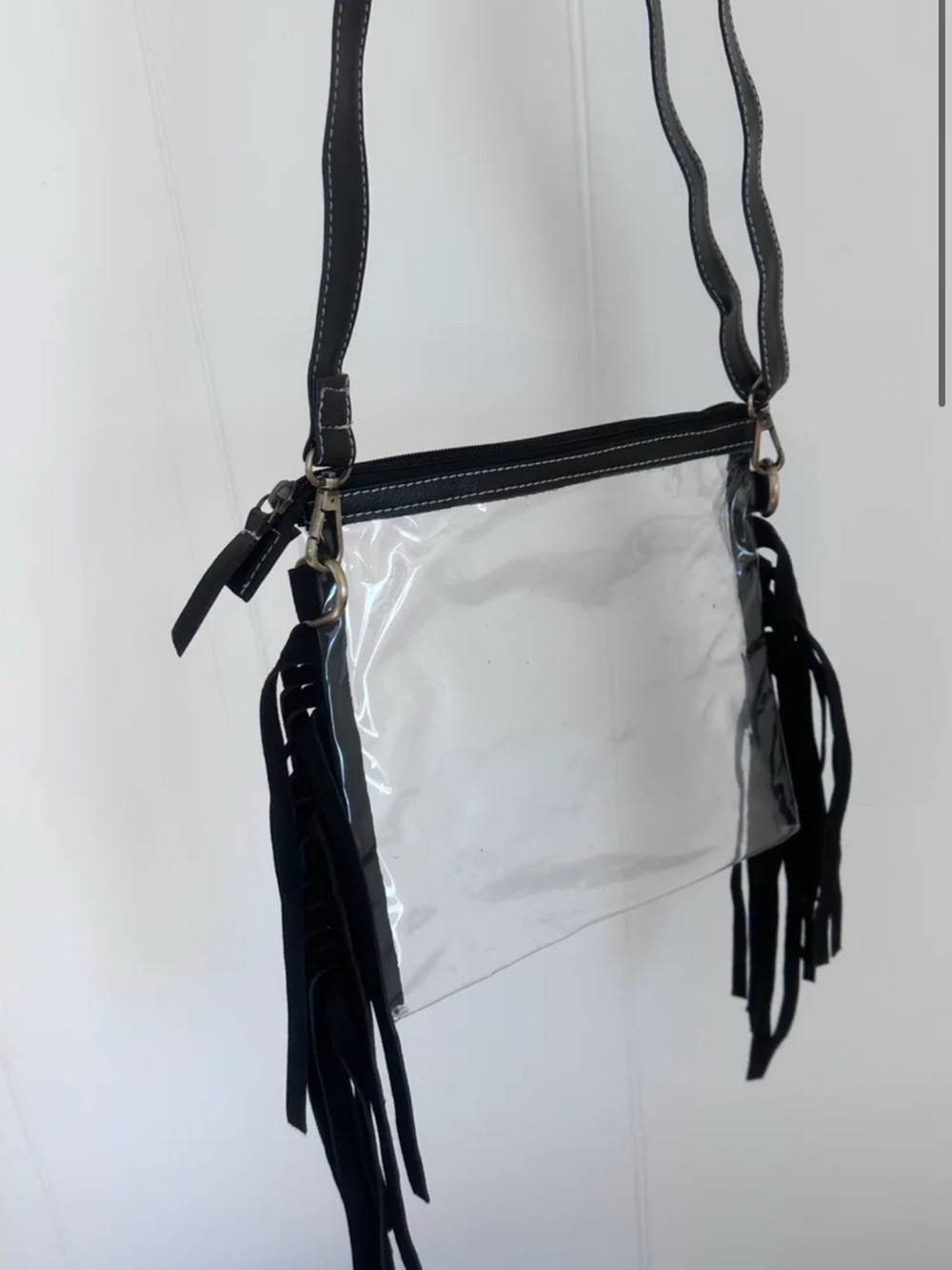 Clear Crossbody Fringe Bag with Black Trim